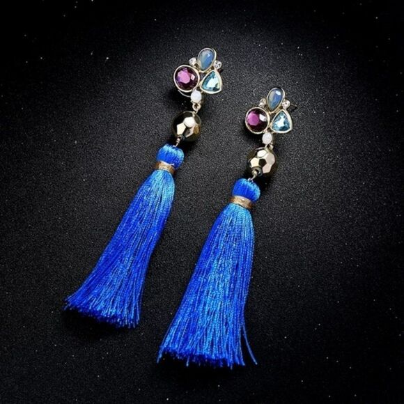 Blue Tassel Fringe Floral Crystal Rhinestone Gold Dangle Statement Earrings - Picture 11 of 11